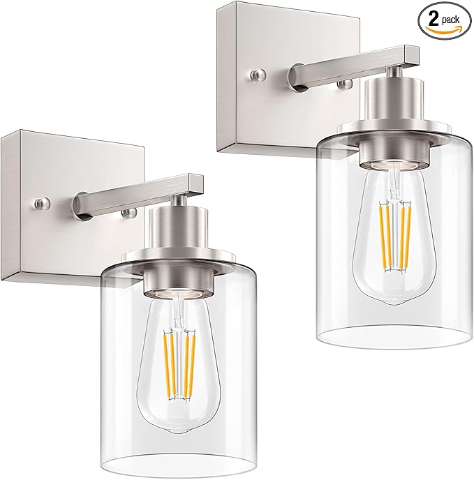 Licperron Wall Sconces Set of Two, Brushed Nickel Modern Wall Sconces Lighting with Clear Glass Shade, Industiral Bathroom Vanity Light Fixtures, Farmhouse Wall Lamp for Bedroom Mirror Living Room