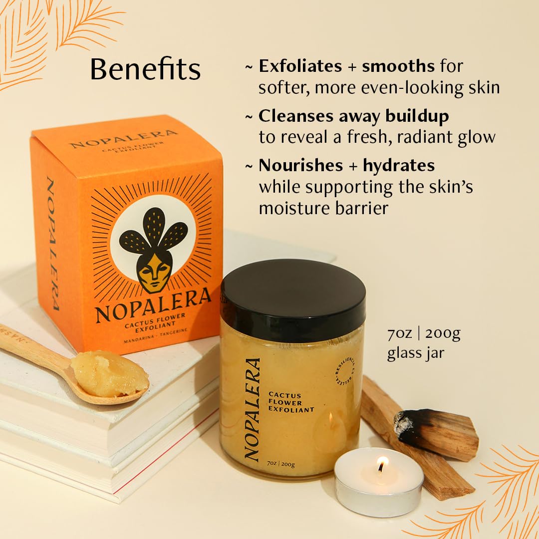 Nopalera Mandarina Cactus Flower Exfoliant - Face & Body Scrub, 3-in-1 Cleanser, & Moisturizer, Vegan, Cruelty-Free, Natural Citrus Scent, Dye Free, 6 oz.