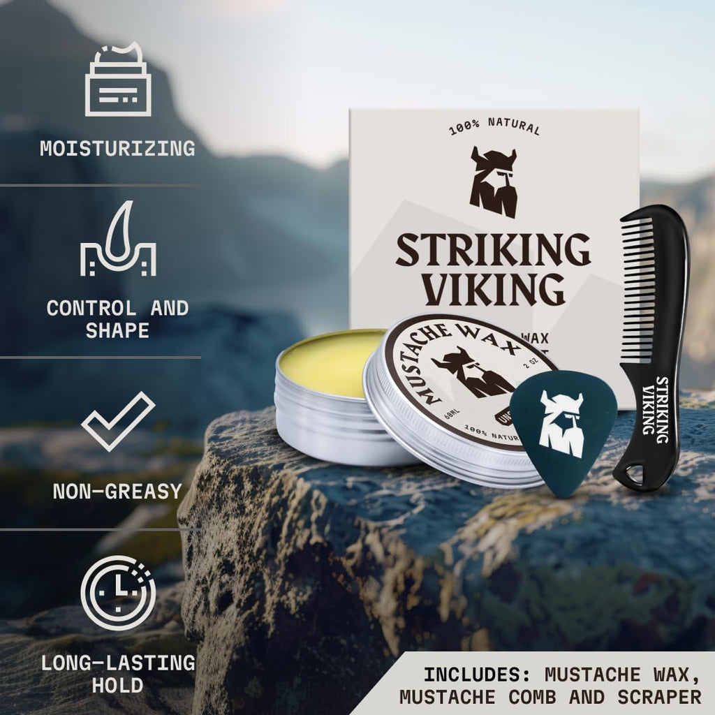 Striking Viking Mustache Wax Kit with Comb - 2 Oz, Unscented, Strong Hold