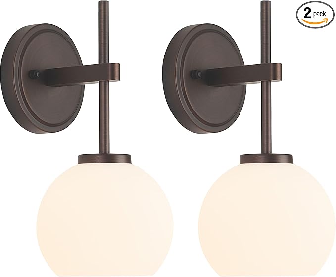 Oil Rubbed Bronze Wireless Rechargeable Wall Sconces Set of 2, Battery Operated Wall Lights with Remote Control, LED Dimmable Wall Lamp with Opal White Glass Shade, 12 Colors RGB & 3 CCT Bulb