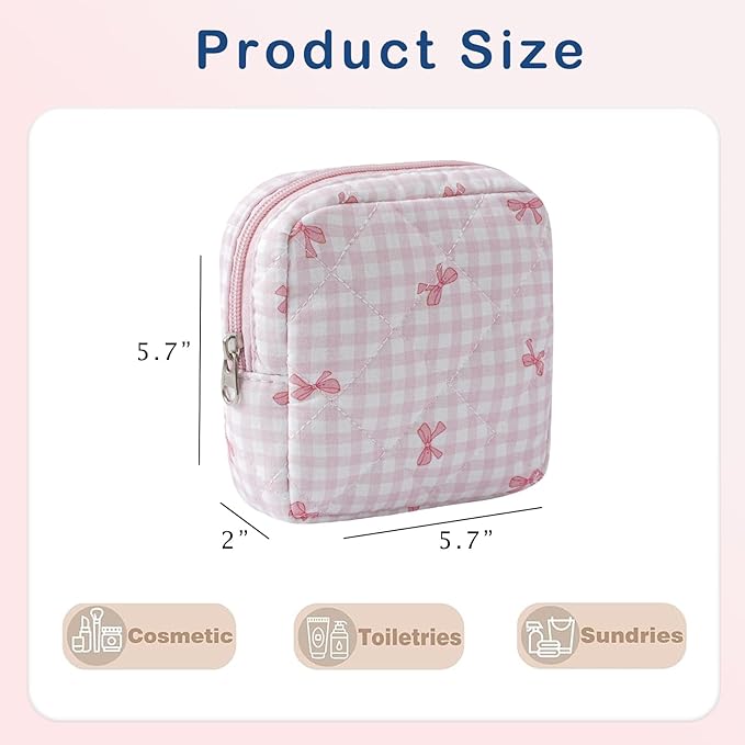 RSRSLEII Small Quilted Cosmetic Pouch for Purse, Mini Cotton Makeup Bag with Compartments, Cute Zipper Lipstick Holder for Women (11Checkered Pink bow)