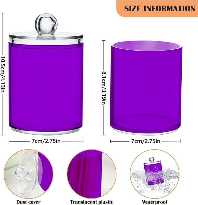 Purple Qtip Holder Organizer Dispenser Cotton Swabs Cans Plastic Jars with Lid Set 4 Pack Bathroom Storage Canister for Cotton Ball Floss Cotton Pads