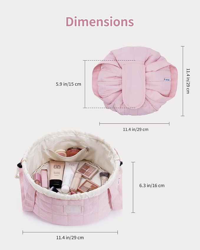 Narwey Lay Flat Open Drawstring Puffer Makeup Bag, Large Quilted Cosmetic Bag for Women Girls, Cute Make up Bags with Handle, Travel Toiletry Bag for Skincare, Brushes & Travel Essentials (Pink)