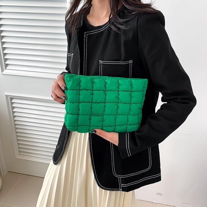HFLZBRO Puffy Quilted Makeup Bag for Women, Cosmetic Bag, Travel Toiletry Organizer Pouch Clutch (green)