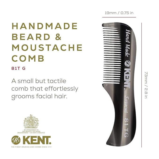 Kent A 81T Black Graphite X-Small Gentleman's Beard and Mustache Pocket Comb, Fine Toothed for Grooming and Styling. Saw-cut of Cellulose Acetate, Hand Polished. Hand-Made in England