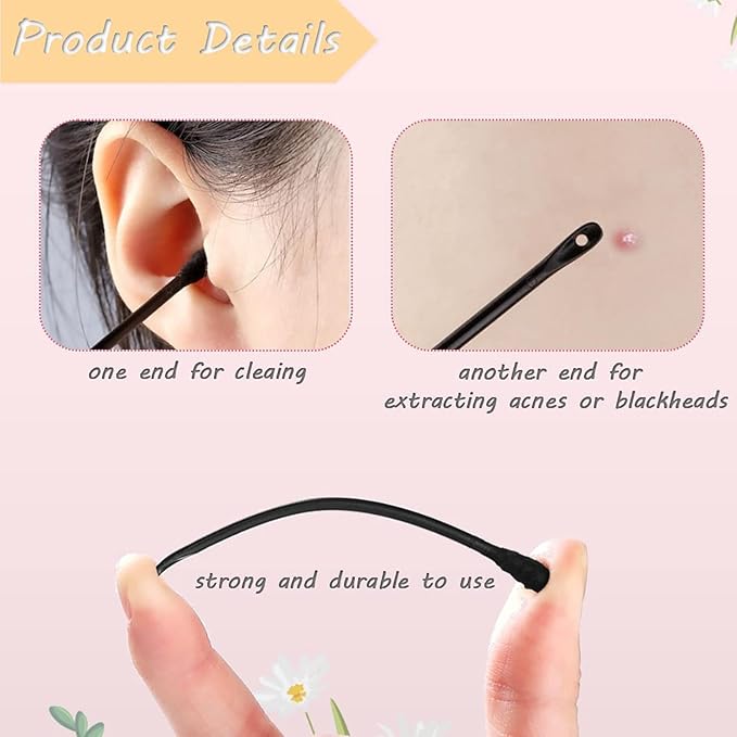 Doromy 200Pcs Plastic Disposable Blackhead Remover Double-Headed Comedones Extractor Black Pimple Popper Tool Acne Removal Stick Cotton Swab Beauty Tool