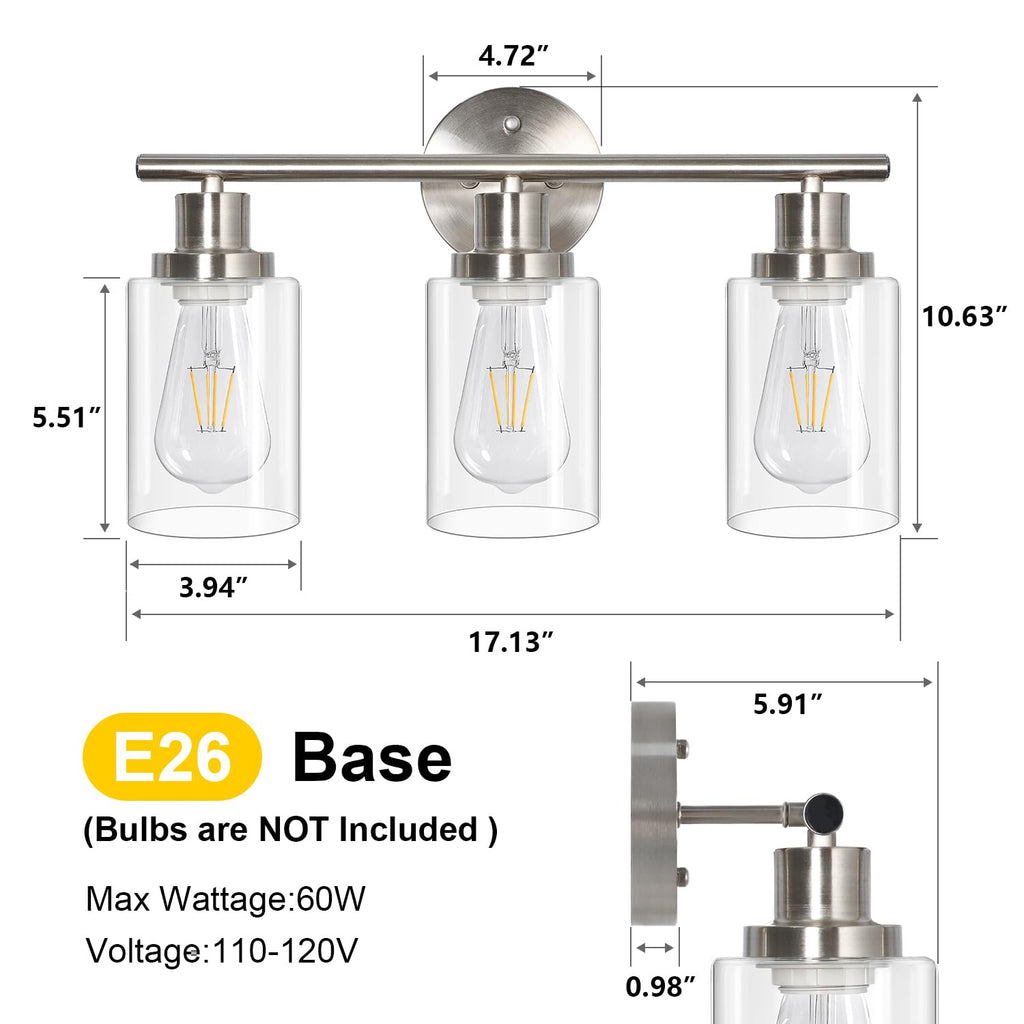 Unicozin 3 Light Vanity Lights, Brushed Nickel Wall Sconce Light with Clear Glass, Bathroom Light Fixtures, Wall Lights for Mirror, Living Room, Bedroom, Hallway, E26 Base (Bulbs Not Included)