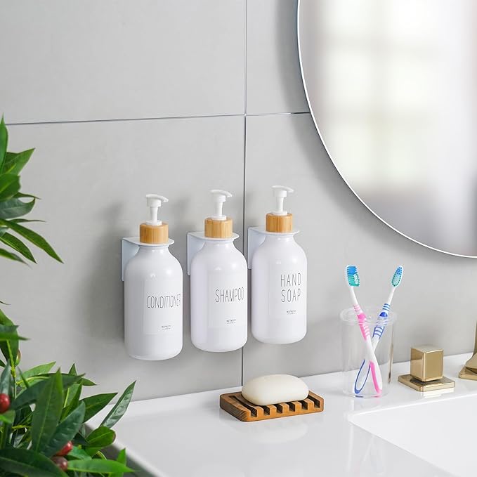 VITVITI Shampoo and Conditioner Dispenser, Body Wash Shower Soap Dispenser Wall Mounted 3 Chamber, Drill Free 17oz Plastic Shower Bottles for Bathroom, White 3 Sets