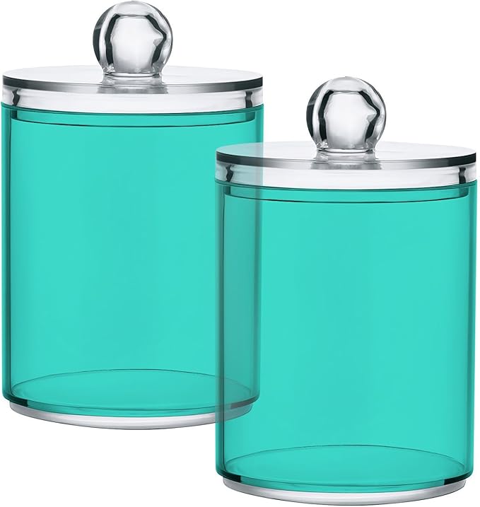 Turquoise Qtip Holder Organizer Dispenser Cotton Swabs Cans Plastic Jars with Lid Set 4 Pack Bathroom Storage Canister for Cotton Ball Floss Cotton Pads