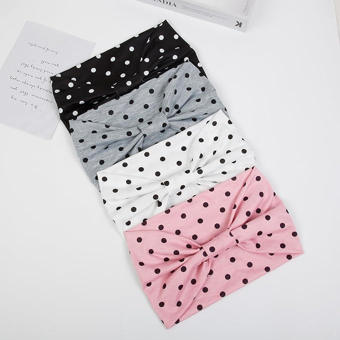 Huachi 4 Packs Polka Dot Headbands for Women Wide Knotted Non Slip Fashion Vingate 1950s Head Bands for Women’s Hair Large African Bandana Hairbands Yoga Running Sports Workout Thick Turban