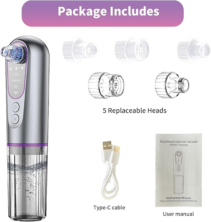 Blackhead Remover Vacuum with Microbubble Cleaning, Facial Pore Extractor & Pro Cleanser Tool, 3 Suction Levels, 5 Replaceable Heads for Deep Cleansing & Skin Care