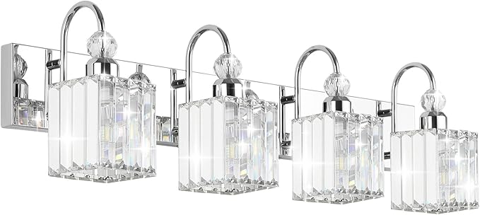 Ralbay Chrome Crystal Vanity Light 4-Lights 31.5'' Modern Bathroom Wall Lighting Over Mirror