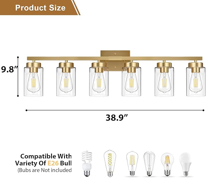 IZORRO Modern Bathroom Light Fixtures, 6 Light Gold Vanity Lights, Bathroom Lightig Fixtures Over Mirror with Clear Glass for Living Room Cabinet