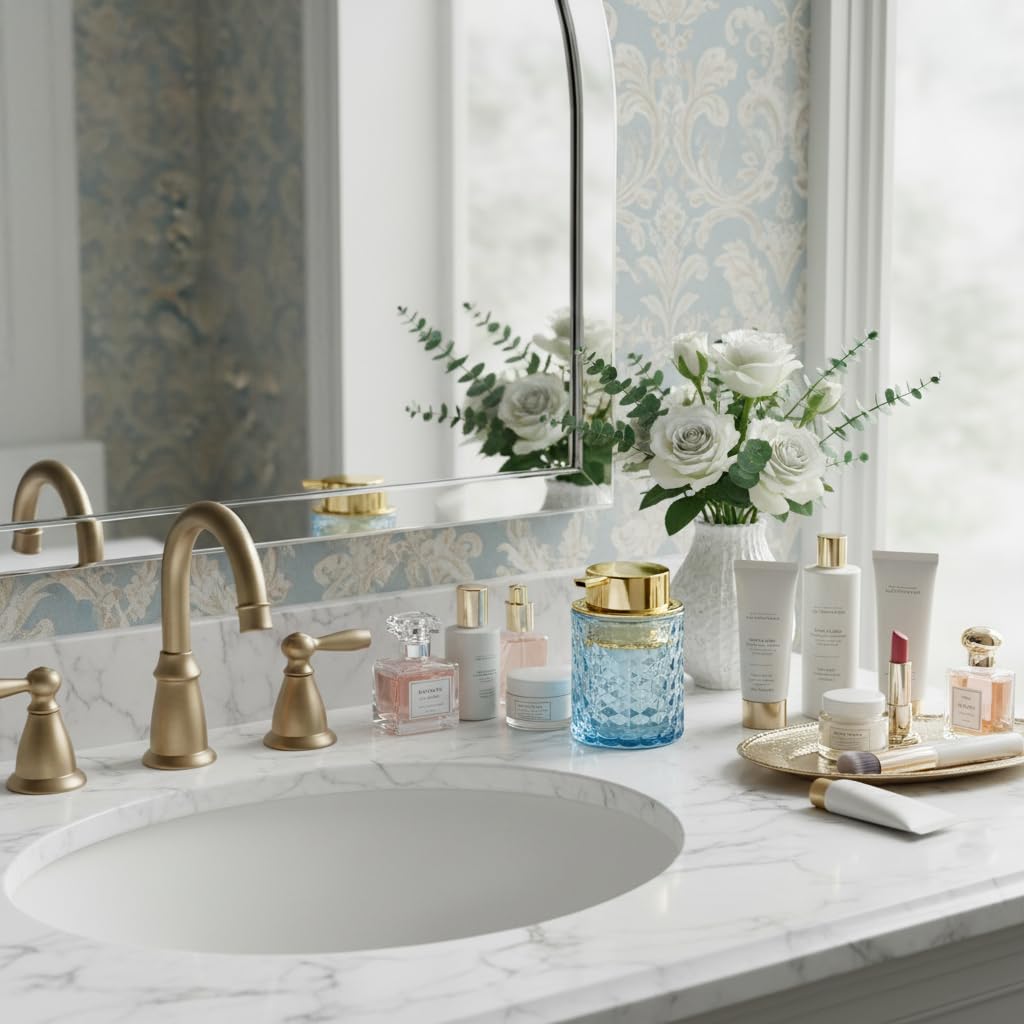 Fvstar 10 Oz Glass Hand Soap Dispenser with Pump, Refillable Bathroom Gold Foaming Soap Dispenser, Vintage Glass Diamond Lotion Container Bottle for Bathroom and Kitchen (2, Blue and Gold)