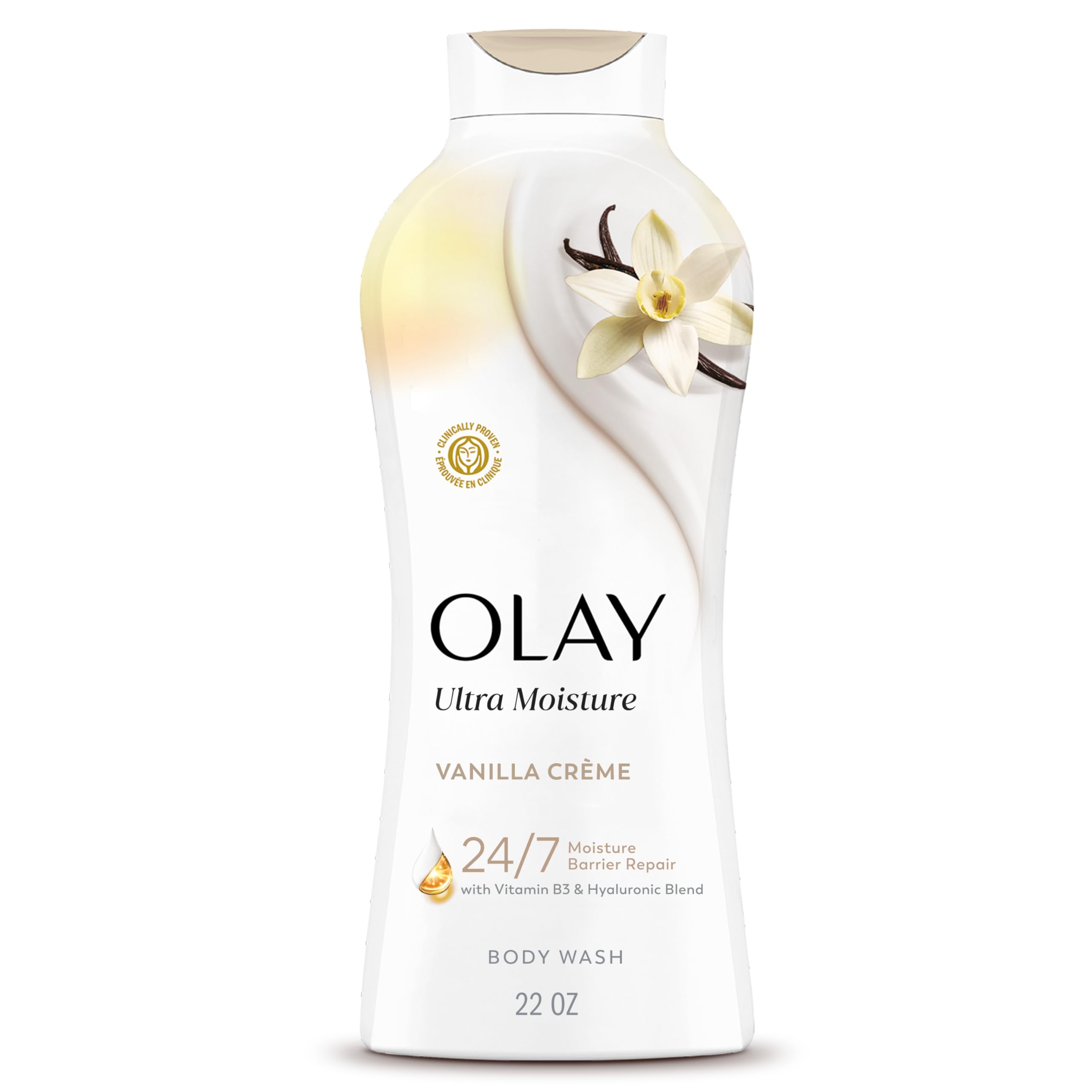 Olay Body Wash for Women, Ultra Moisture, 24/7 Moisture Barrier Repair, Hydrating Formula for Visibly Healthy Soft Skin, Vitamin B3 & Hyaluronic Blend, All Skin Types, Vanilla Creme Scent, 22 fl oz