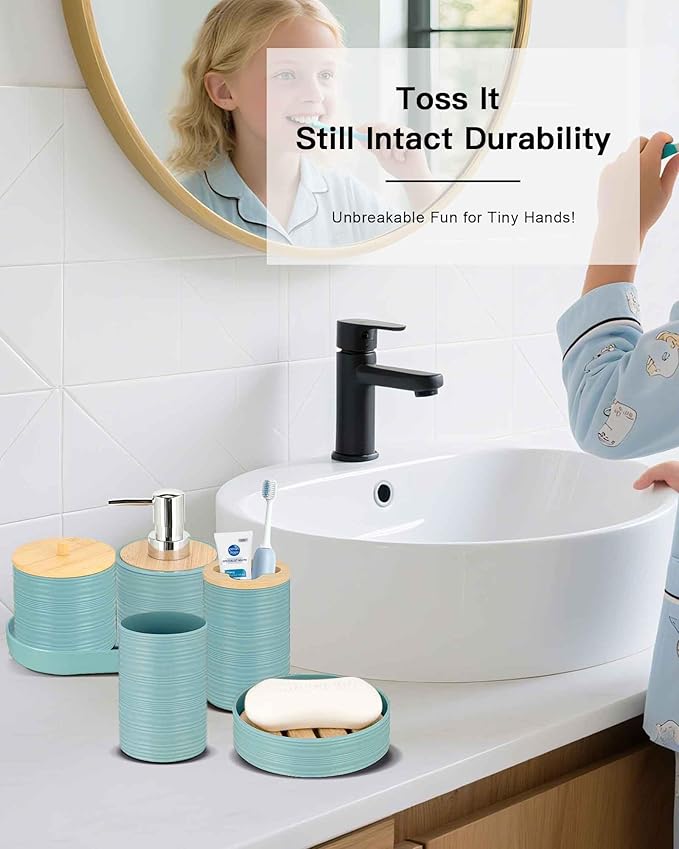 IMAVO Blue Bathroom Set,26Pcs Bathroom Accessories Set with Waffle Shower Curtain,Rugs,Trash Can,Tray,Soap Dispenser,Soap Dish,Toothbrush Holder,Toothbrush Cup,Toilet Brush Holder and Qtip Holders