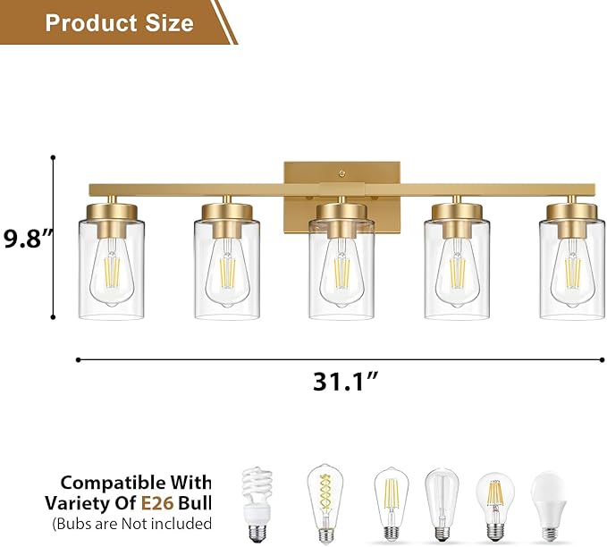 IZORRO Modern Bathroom Light Fixtures, 5 Light Brushed Gold Vanity Lights, Bathroom Lighting Fixtures Over Mirror with Clear Glass for Living Room Cabinet Bedroom