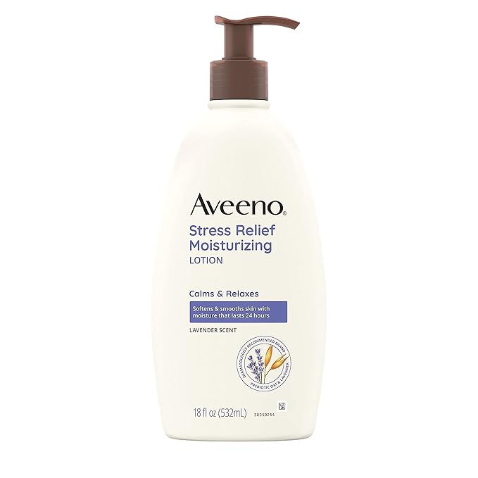 Aveeno Stress Relief Moisturizing Body Lotion, Lavender Scent with Prebiotic Oat for Sensitive Skin, Lightly Scented Lotion with 48-Hour Hydration, Fast Absorbing, Non-Greasy