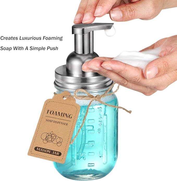 Amolliar Mason Jar Foaming Soap Dispenser Pump Lids (6 Pack), Refillable Foaming Pump Replacement for 16oz Regular Mouth Mason Jar, Waterproof Sticker, Kitchen Bathroom Farmhouse Decor, Brushed Nickel