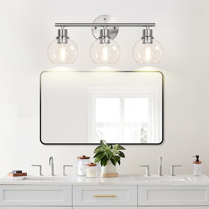 3-Light Bathroom Light Fixtures, Brushed Nickel Modern Vanity Lights Over Mirror with Clear Glass Globe Shade, Bathroom Wall Sconces for Mirror Kitchen Living Room Hallway Cabinet Bedroom Porch