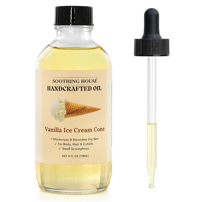 Soothing House Vanilla Ice Cream Cone Body Oil - Premium Non-Greasy Oil & Body Moisturizer for Dry Skin & Glowing Skin with Sweet Almond, Jojoba, and Vitamin E Oil, 4 Fl OZ