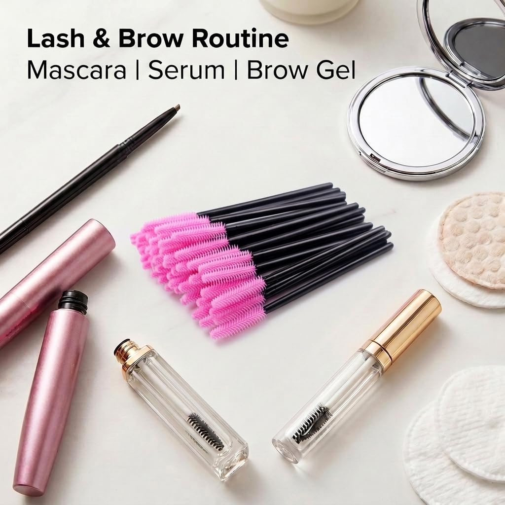 BIHRTC Pack of 100 One-Off Disposable Silicone Eyelash Mascara Brushes Wands Applicator Eyebrow Brush Makeup Tool Set Deep Pink for Makeup Salon and Travel Beauty Kits