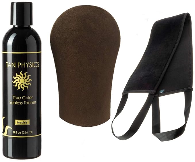Tan Physics Sunless Tanner 8oz with Tanning Mitt & Back Applicator – Self Tan Lotion – Instant Tanning Lotion for Face & Body – Natural Self Tanner for Streak-Free, Long-Lasting Glow