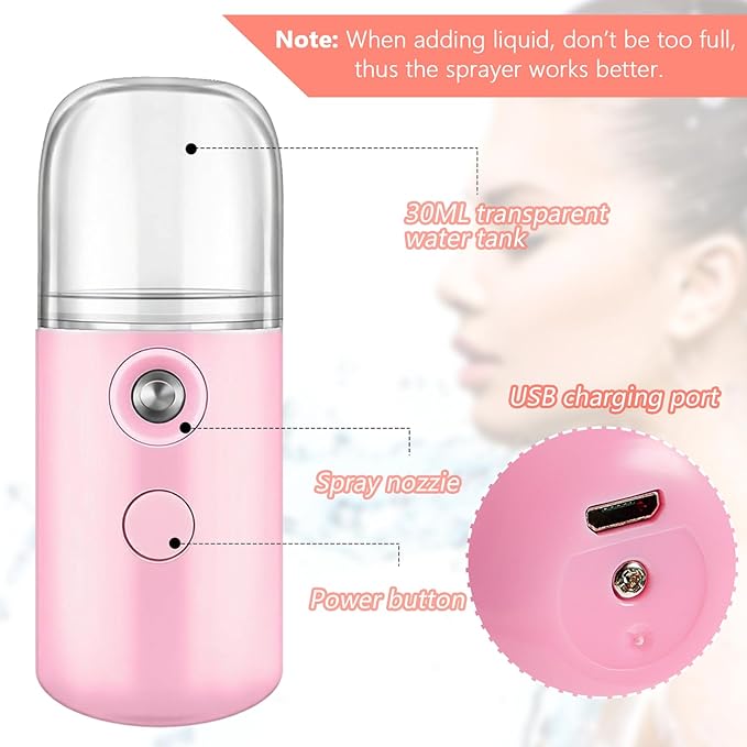 Mudder 4 Pcs Nano Facial Mister Handy Nano Mist Sprayer 30ml Visual Water Tank Portable Face Steamer Mini USB Mister for Lash Extensions, Skin Care, Makeup(White, Light Pink, Blue, Pink)