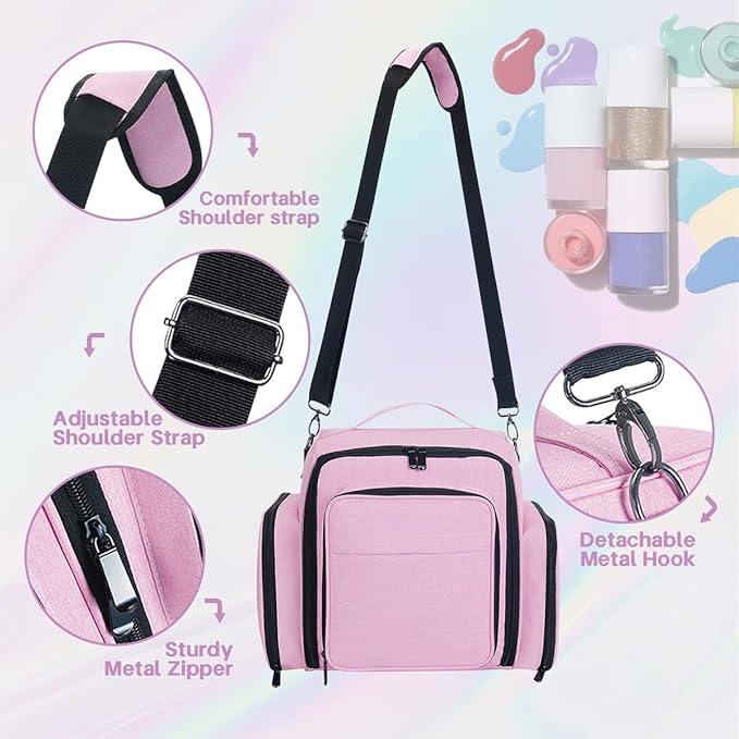 YAHOURWAT Nail Polish Organizer Holds 60 Bottles and a Nail Lamp,Portable Travel Case with 2 Removable Bags and Tools Storage Pockets Pink