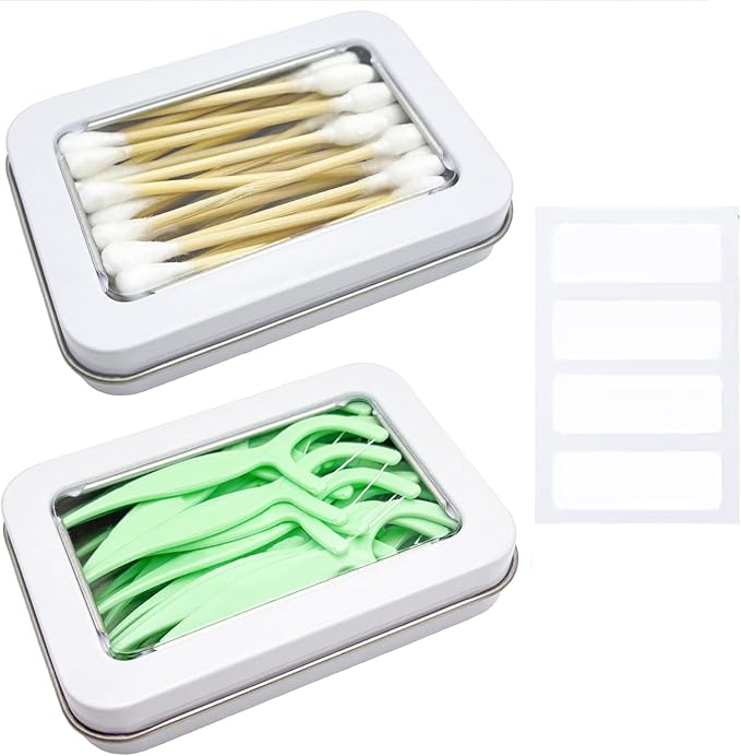 MatFirsmo Cotton Swab Holder for Travel, 2 Pcs Portable Small Dental Floss Holder Empty Metal Cotton Ball Holder, Travel Floss Picks Case with Dustproof Lid for Cotton Swabs Hair Ties Floss, White