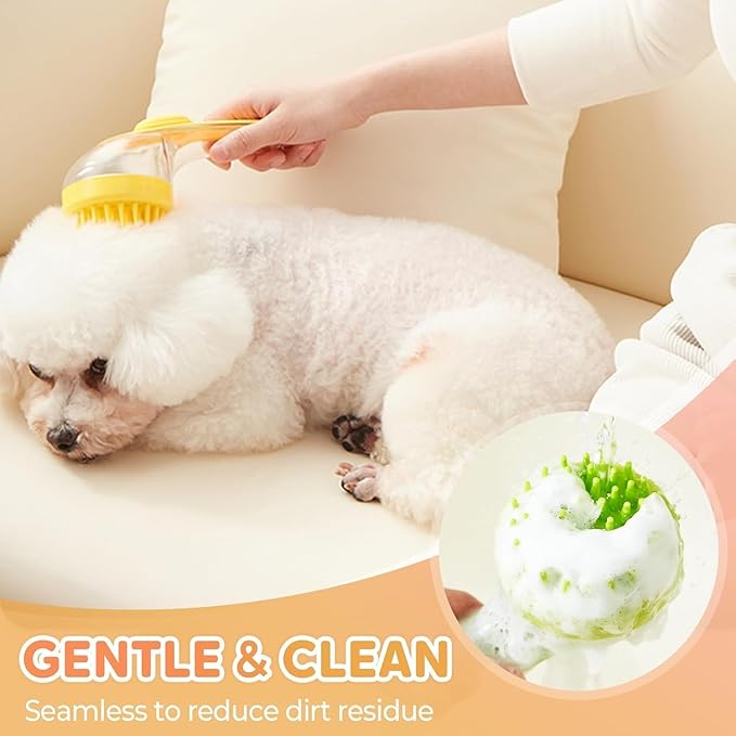 Dog Bath Brush, 2 in 1 Pet Grooming Bath Massage Brush with Soap and Shampoo Dispenser Soft Silicone Bristle Dog Scrubber for Long Short Haired Dogs Cats Shower(Yellow)