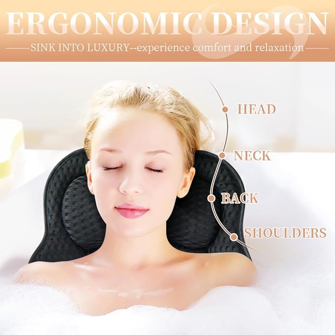 Joeyset Bath Pillow for Tub, 4D Air Mesh Breathable Fabric, Soft Supportive Bathtub Cushion for Head Neck Back, Ergonomic Spa Pillow with Strong Suction Cups, Quick-Drying, Machine Washable (Black)