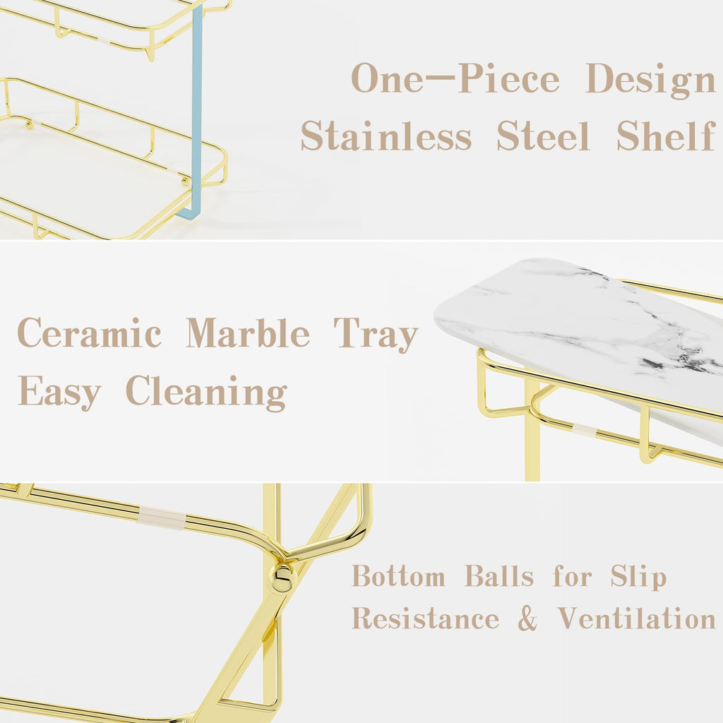 Bathroom Organizer Countertop Perfume Organizer Makeup Organizer Cosmetics Storage Display Rack Vanity Tray Dresser Stainless Steel Gold Shelf White Marble Ceramic Tray