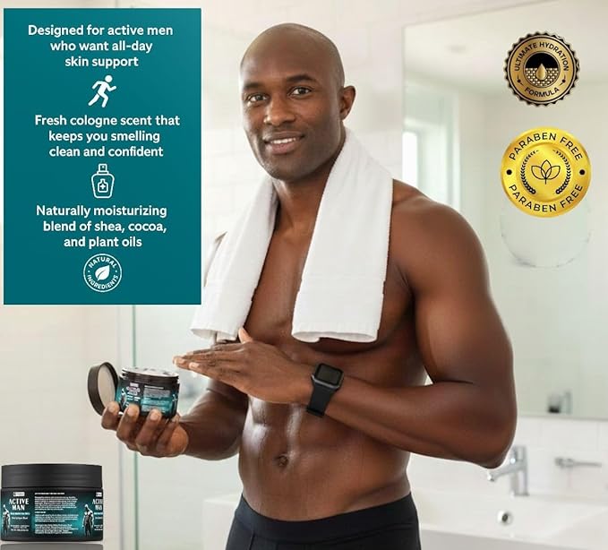Body Butter for Men, Active Man Fast-Absorbing Deep Moisturizer with Natural Ingredients, Refreshing Scent, Ultimate Hydration Formula. Cologne scented.