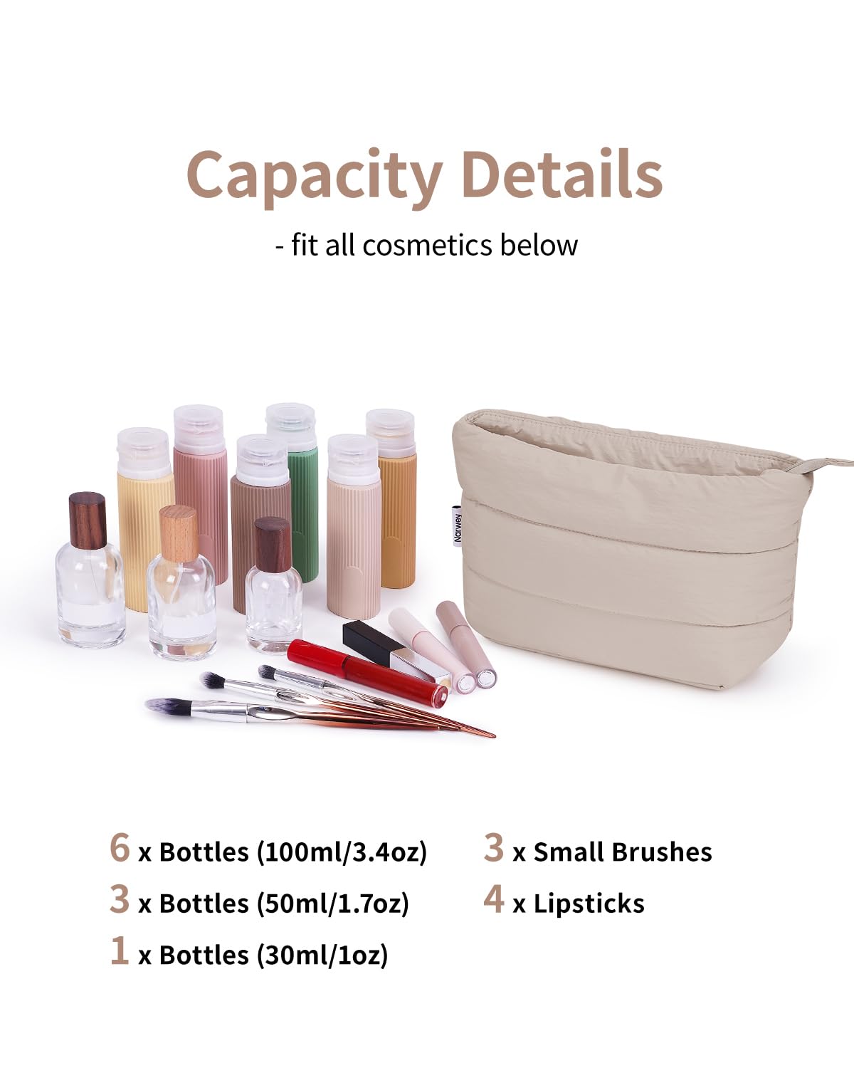Narwey Travel Makeup Bag for Women Girl, Puffer Makeup Up Organizer Bag Cosmetic Bag, Puffy Cute Makeup Pouch Purse, Travel Toiletry Bag (Khaki)