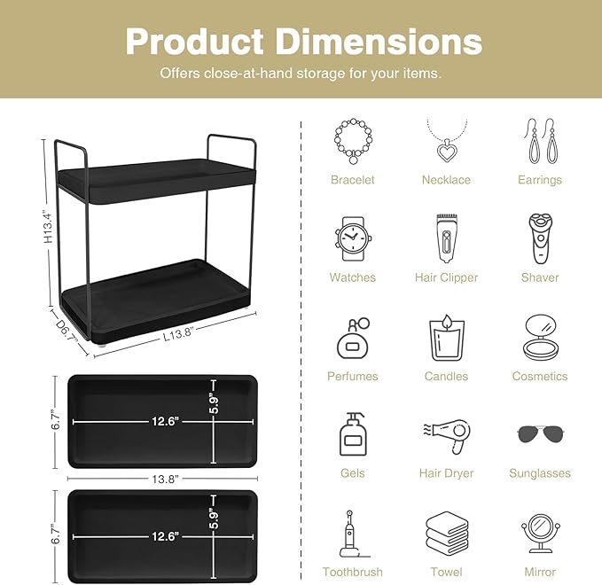 Forbena Black Bathroom Counter Organizer, Tiered Bathroom Organizer Countertop Tray, Corner Makeup Vanity Shelf Organizers and Storage for Men Perfume Skin Care Kitchen Sink Coffee Bar Station