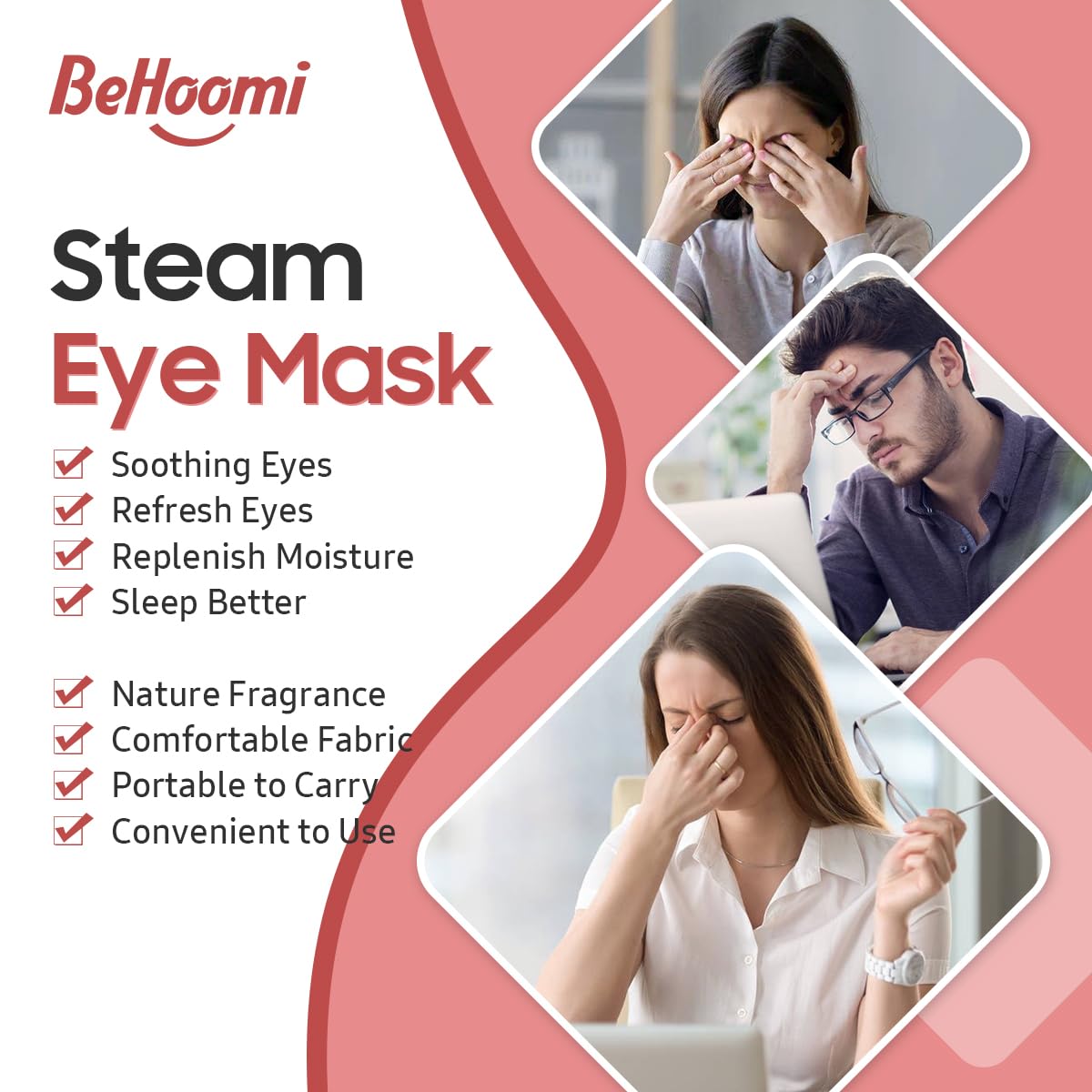 BeHoomi 20 Packs Steam Eye Mask, Heated Eye Mask Warm Compress for Eyes, Disposable Self Heating Steam Mask for Home, Sleep, Spa, Travel Essentials & Relaxation Gifts for Women (Rose)