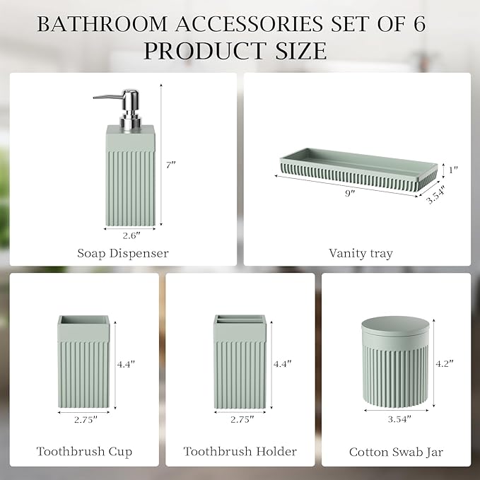 InnJoey Bathroom Accessories Set, 6-Piece Resin Green Bathroom Set with Toothbrush Holders, Soap Dispenser, Vanity Tray, Tumbler, Cotton Swab Jars, Modern Bathroom Organizer for Small Spaces