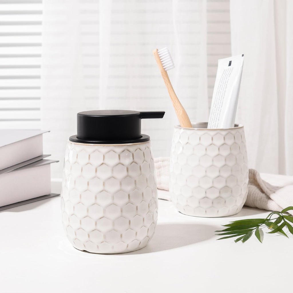 Soap Dispenser, 12 OZ Ceramic Liquid White Hand Soap Dispenser with Honeycomb Design for Kitchen or Bathroom, Refillable Dish Lotion Dispenser, ANTIS'S HOME