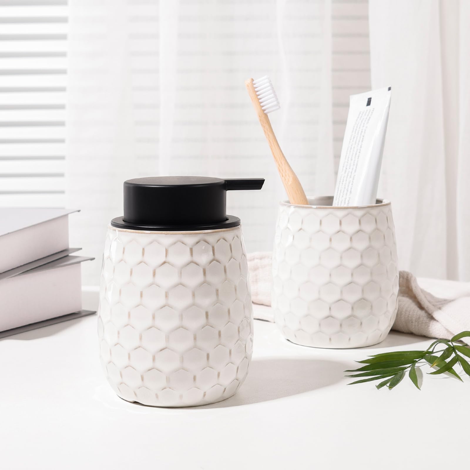 Soap Dispenser, 12 OZ Ceramic Liquid White Hand Soap Dispenser with Honeycomb Design for Kitchen or Bathroom, Refillable Dish Lotion Dispenser, ANTIS'S HOME