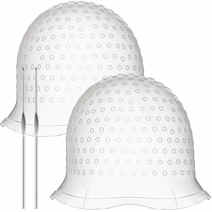 2 Sets Highlighting Cap with Hook, Silicone Highlight Cap, Hair Cap for Highlight Bleach Cap, Hair Dye Cap with Holes, Highlight Caps for Dying Hair, Hair Highlight Kit for Home and Salon Use(White)