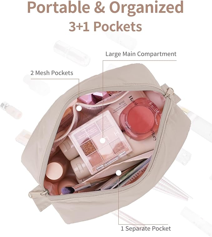 Narwey Travel Makeup Bag for Women Girl, Puffy Make up Organizer Cosmetic Bag, Cute Small Travel Toiletry Bag for Toiletries (Khaki)