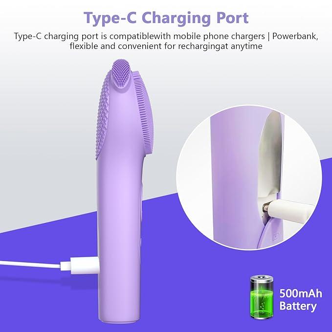 ADINC Silicone Face Scrubber, Waterproof Rechargeable Facial Cleansing Brush, 5 Cleansing Modes with Nose Brush for Women & Men Electric Face Wash Brush for Deep Cleaning Exfoliating, Massaging Purple