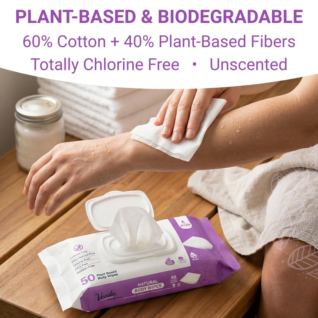 Veeda Natural Cotton Body Wipes for Adults - 300 Count, Hypoallergenic & pH Balanced Wet Wipes - Unscented Personal Cleansing Wipes Safe for Sensitive Skin, Plant based Soft Wipes