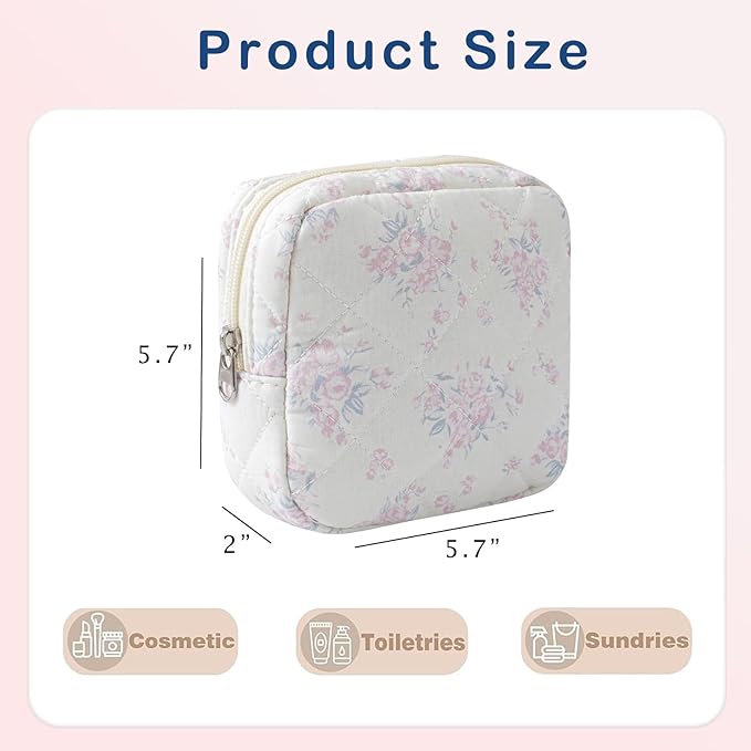 RSRSLEII Small Quilted Cosmetic Pouch for Purse, Mini Cotton Makeup Bag with Compartments, Cute Zipper Lipstick Holder for Women (13PinkRose)