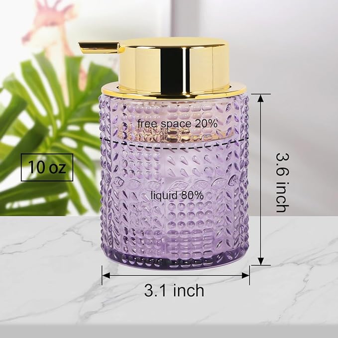 Fvstar Foaming Soap Dispenser, 2pcs Purple Glass Foam Soap Dispenser with Gold Pump, Refillable 10oz Lotion Liquid Container Pump Bottle for Bathroom Kitchen Countertop