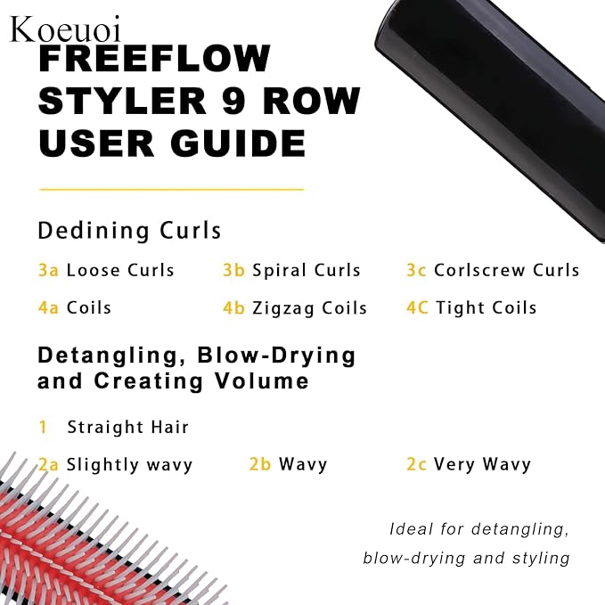 Koeuoi Classic Styling Curly Hair Brush. 9 Row Black Brush for Detangling, Separating, Shaping. For Women and Men Wet or Dry Hair.