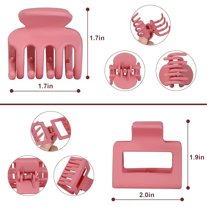 Medium Hair Clips Combination 2 Styles Small Claw Clips for Thin Hair 8 Pcs Matte Non-slip Rectangle Jaw Clips Square Hair Accessories for Women and Girls (Pink)