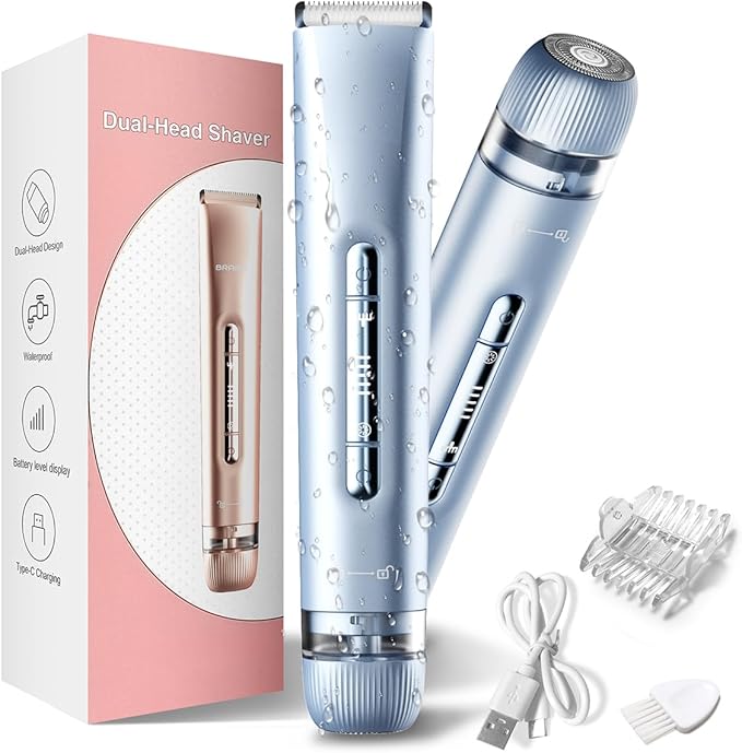 Bikini Trimmer for Women,2 in 1 Womens Electric Razors,Dual Head Shaver for Women Lady Facial Pubic Legs Private Area Body Hair,IPX7 Waterproof Wet & Dry