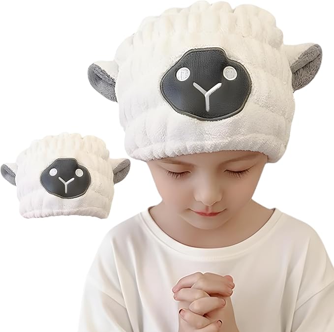 LCBD Microfiber Hair Towel Wrap for Kids, White Sheep Dry Hair Cap Suck Water, Absorbent Quick Girls Boys Hair Drying Towel, Lightweight Bouncy Hat Headscarf